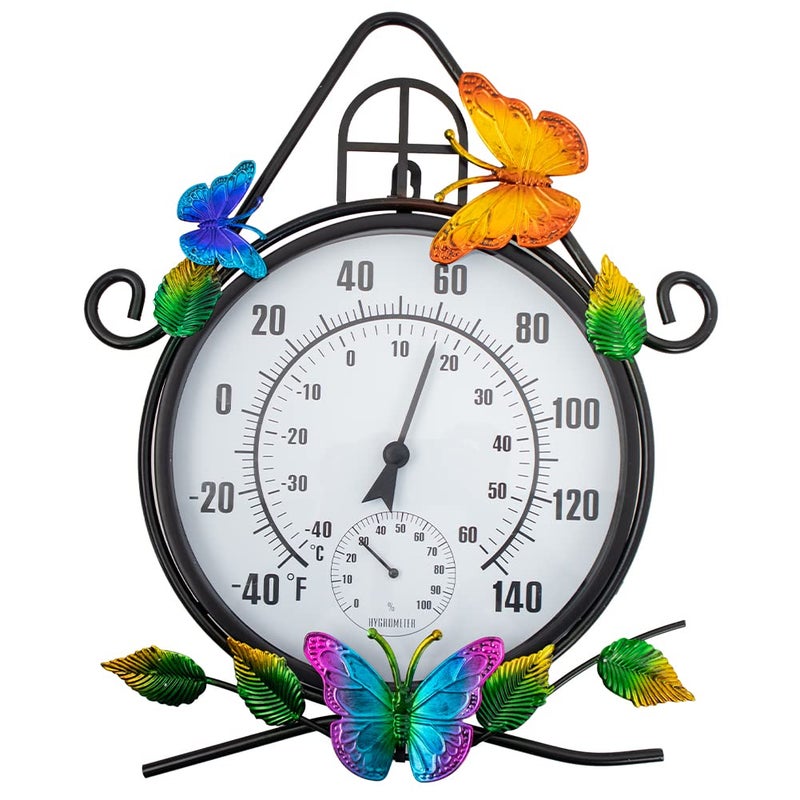 HOBYLUBY Indoor Outdoor Thermometer，Large Wall-Mounted Thermometer with Humidity, Easy to Read Decorative Outside Thermometer for Patio, Garden, No Require Batteries(Black) - Image 1